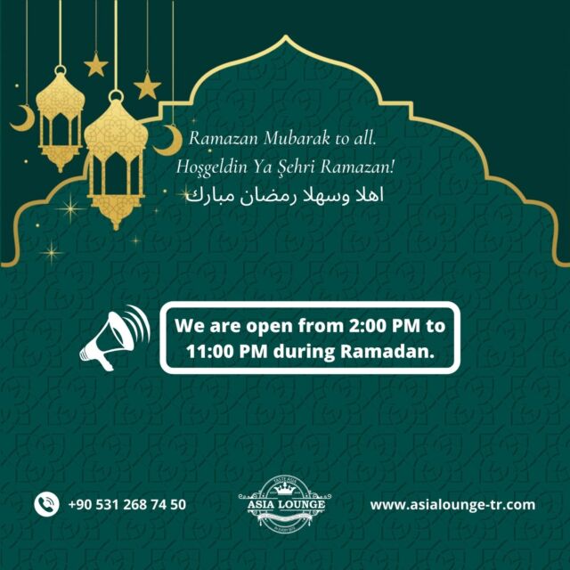 🌙🌙 Welcome, Ramadan! Ramadan is not only for fasting, but also for feeding the hungry, helping the needy, guarding our tongue, not judging others, and forgiving. That is the spirit of Ramadan.

🌙 Ramzan Mubarak to all.
🌙 Hoşgeldin Ya Şehri Ramazan!
🌙 اهلا وسهلا رمضان مبارك

📢📢 We are open from 2:00 PM to 11:00 PM during Ramadan.

📝 Contact us for Ramazan Special Recipe!
Our Whatsapp & Telegram: +90 531 268 74 50
Website: www.asialounge-tr.com
Facebook: https://www.facebook.com/asialounge
Instagram: https://www.instagram.com/asialounge

#AsiaLounge
#Ramadan
#ramadan2024
#asianfood
#istanbul
#turkey